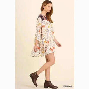 {Umgee} Floral Bell Sleeves Dress in Cream Mix
